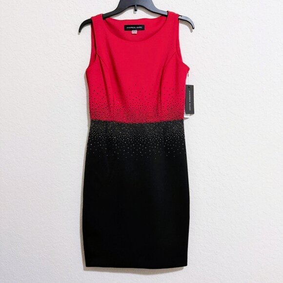 NEW Andrew Marc womens Beads/Sequins Black & Red Bodycon/Cocktail Dress Size 6 - Picture 1 of 15
